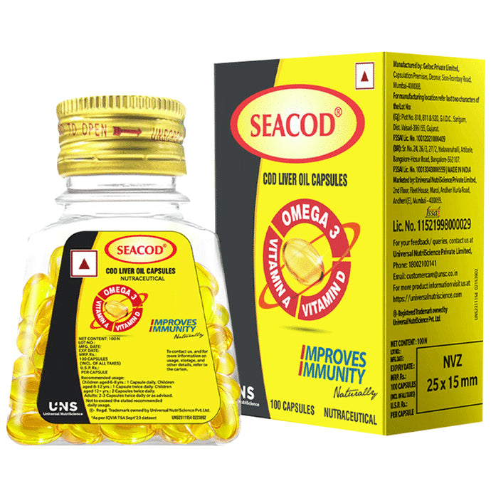 Seacod Cod Fish Liver Oil Softgel Capsules With Natural Omega 3, Natural EPA & DHA |Vitamin D & A | For Immune Health, Healthy Heart, Brain, Eyes, Joints & Muscles
bottle of 100 soft gelatin capsules