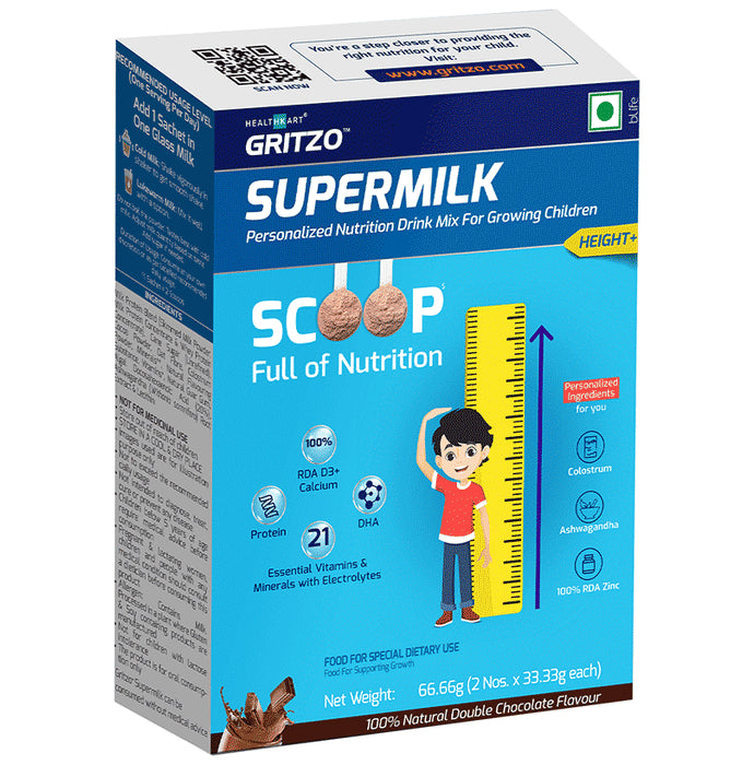Gritzo Scoop Full of Nutrition Height+ Supermilk Powder Double Chocolate
box of 66.66 gm Powder