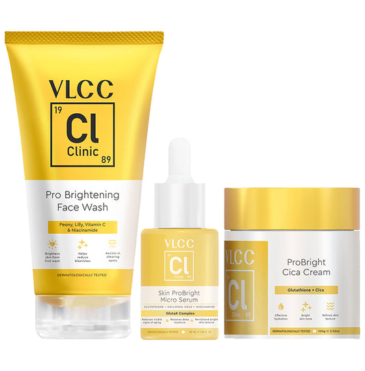 VLCC Clinic Pro Brightening Facewash (150 ml) Skin Pro Bright Micro Serum (30ml) & Pro Bright Cica Cream (100 gm)
combo pack of 3 Packs