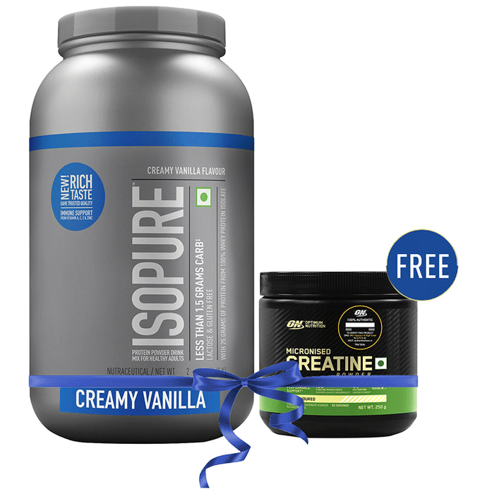 Isopure Whey Protein with Less than 1.5gm Carbs | For Fitness, Immunity & Skin | Flavour Creamy Vanilla Powder with Micronised Creatine Powder Free
jar of 2 kg Powder