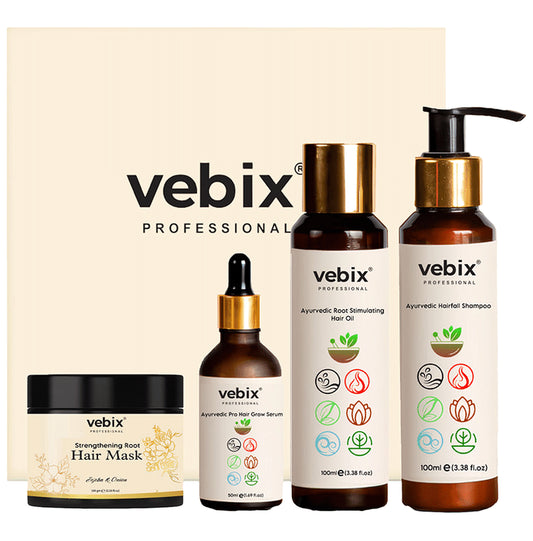 Vebix Professional HairCare Regimen -Ayurvedic 4 Product Kit for All Hair Lotus AntiHairfall Shampoo + Anti HairFall Neem Oil + Hair Keratin Mask & Hair Growth Serum
box of 1 Kit