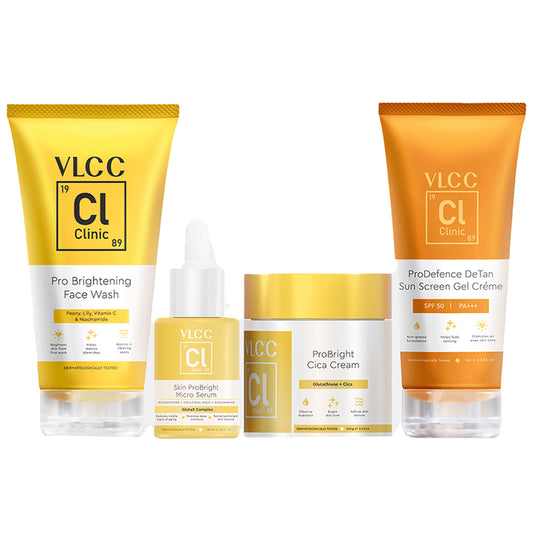 VLCC Clinic Pro Brightening Face Wash (150 ml) Skin Pro Bright Micro Serum (30 ml) Pro Bright Cica Cream (100 gm) & De-Tan Sun Screen Gel Creme SPF 50 (100 gm)
combo pack of 4 Packs