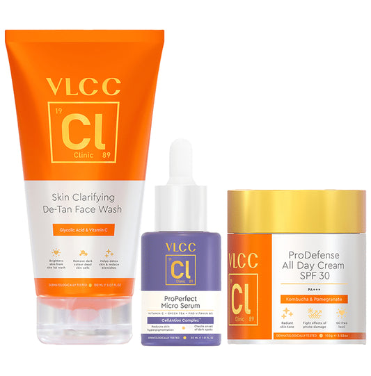 VLCC Clinic Skin Clarifying De-Tan Face Wash (150 ml ) & ProPerfect Micro Serum (30 ml) & Pro Defense All Day Cream SPF 30 (100 gm)
combo pack of 3 Packs