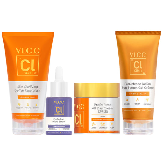 VLCC Clinic Skin Clarifying De-Tan Face Wash (150 ml) & Pro Defence De tan Sunscreen Gel Creme SPF50 (100 gm) ProPerfect Micro Serum (30ml) & ProDefense All Day Cream (100 gm)
combo pack of 4 Packs